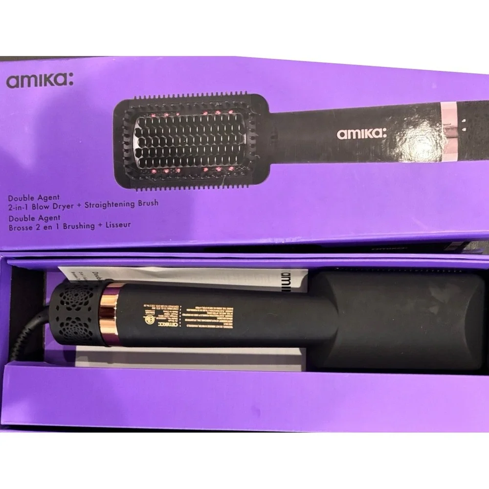 Amika Double Agent 2-in-1 Blow Dryer Straightening Brush Black Rose Gold